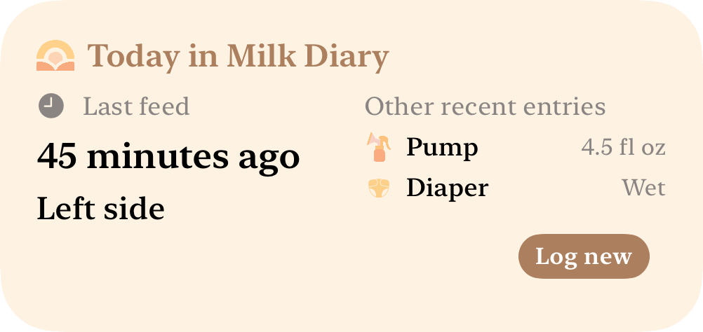 Milk Diary medium widget showing the last feed 45 minutes ago