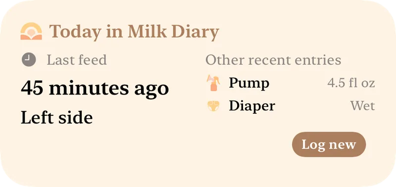 Milk Diary medium widget showing the last feed 45 minutes ago