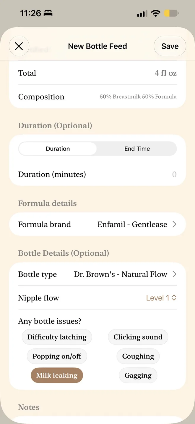 New Bottle Feed screen with bottle type, nipple flow and bottle issues