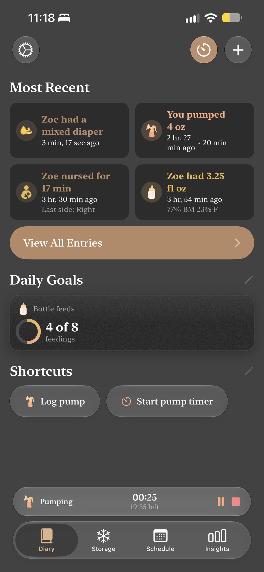 Milk Diary diary in dark mode