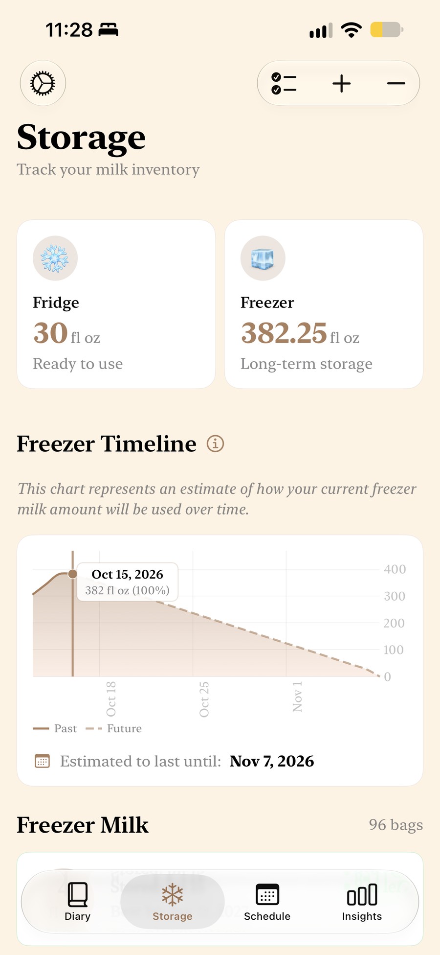 Milk storage screen with fridge and freezer totals