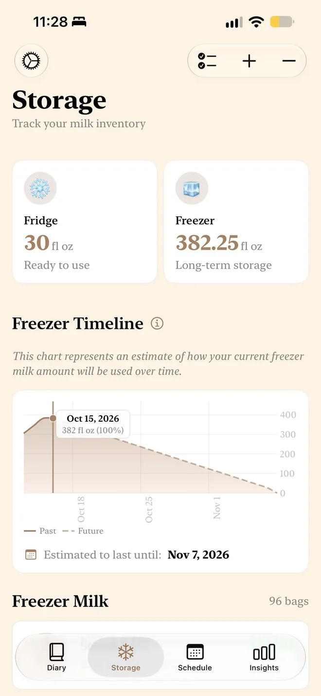 Milk storage screen with fridge and freezer totals